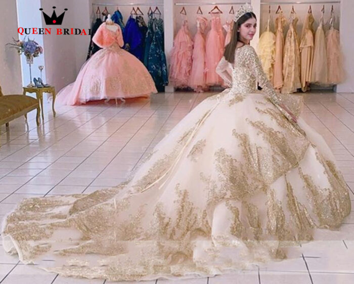 Gold Sweetheart Ball Gown Luxury Beaded Quinceanera Dresses With Long Sleeve Princess Sweet 16 15 Vestidos 1