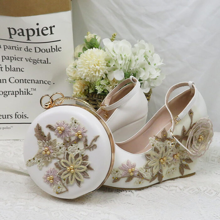 Chaussures de mariage semelles compens es fleurs avec sacs assortis bout rond lani re la cheville 2
